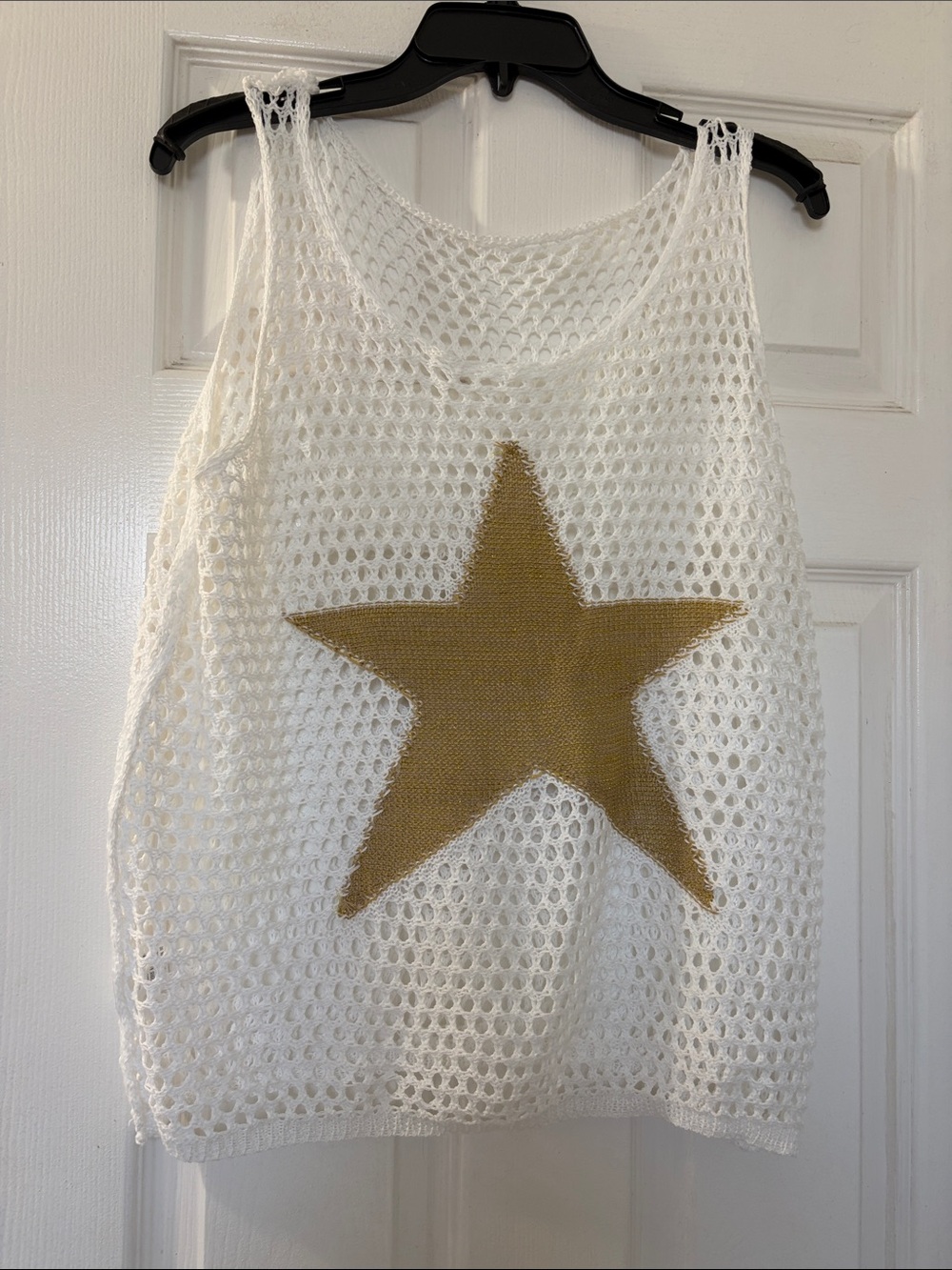 SHEIN White Crochet Mesh Swim Coverup Tank with Gold Star